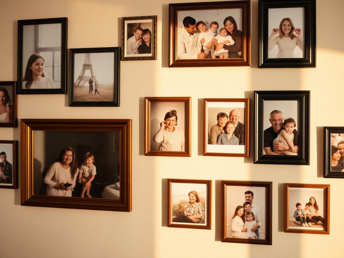 Wall of framed family photographs in warm light