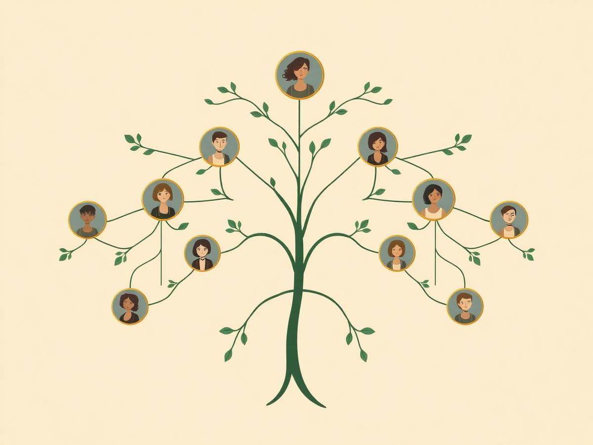 Illustrated family tree with connected portrait nodes